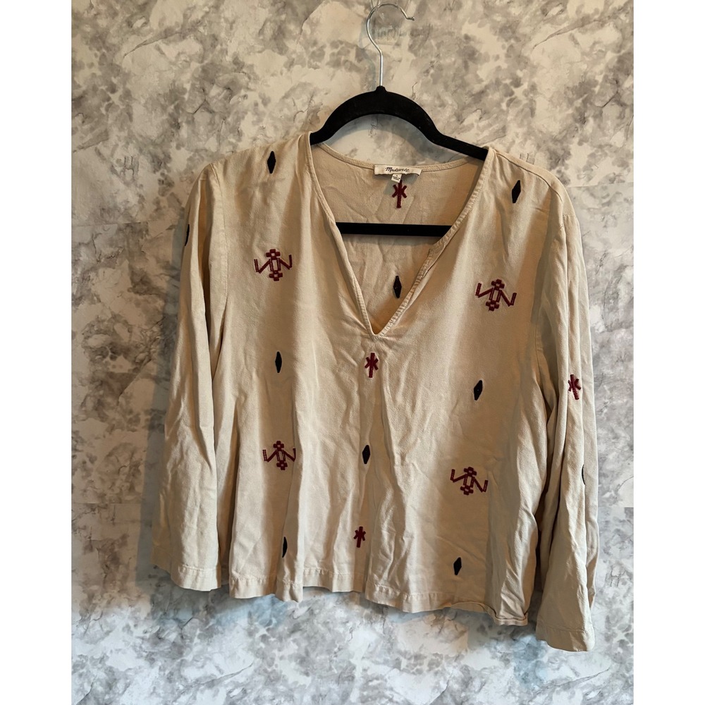 Madewell V Neck Blouse 100% Silk Embroidered Long Sleeve‎ Boho L Top
